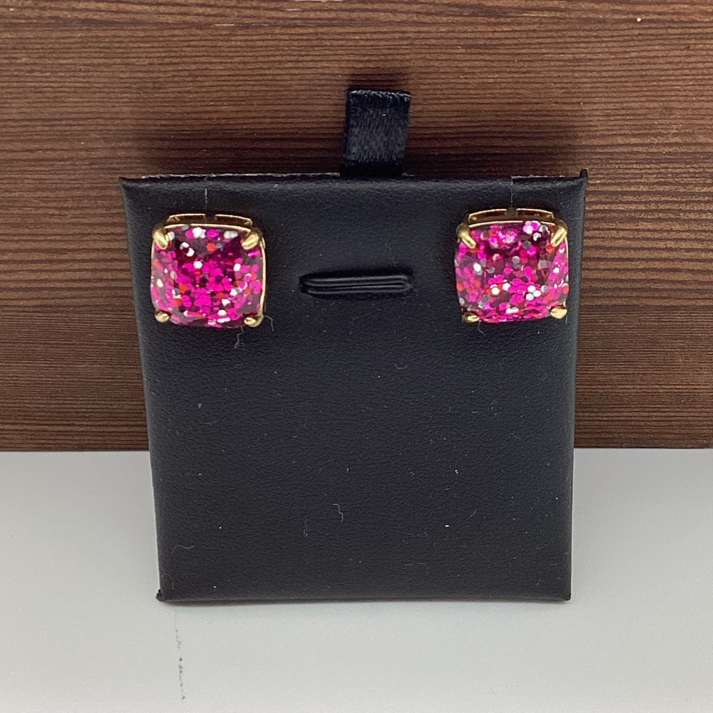 214. Fuchsia & Gold Sparkle Square Peg Earrings EUC